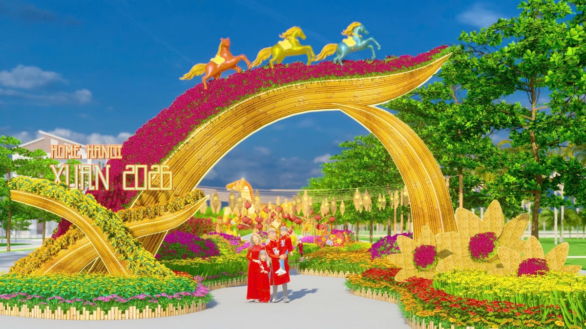 Cổng chào làm từ mây tre, kết hợp “thác hoa”, biểu trưng cho sinh khí và khởi đầu hứng khởi của năm mới.